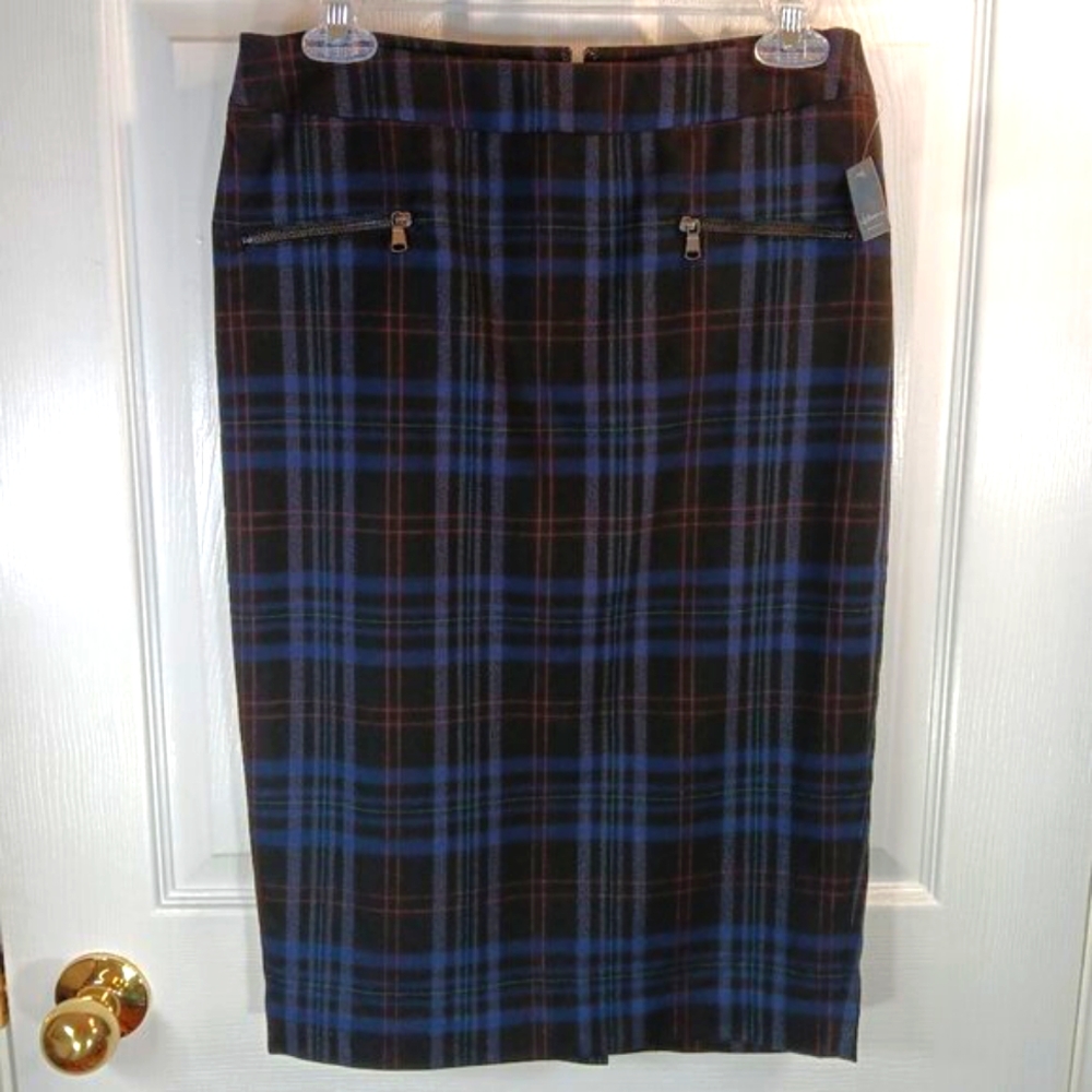 NWT Reitmans Women's Blue Black Tartan Pencil Skirt Midi Size 5